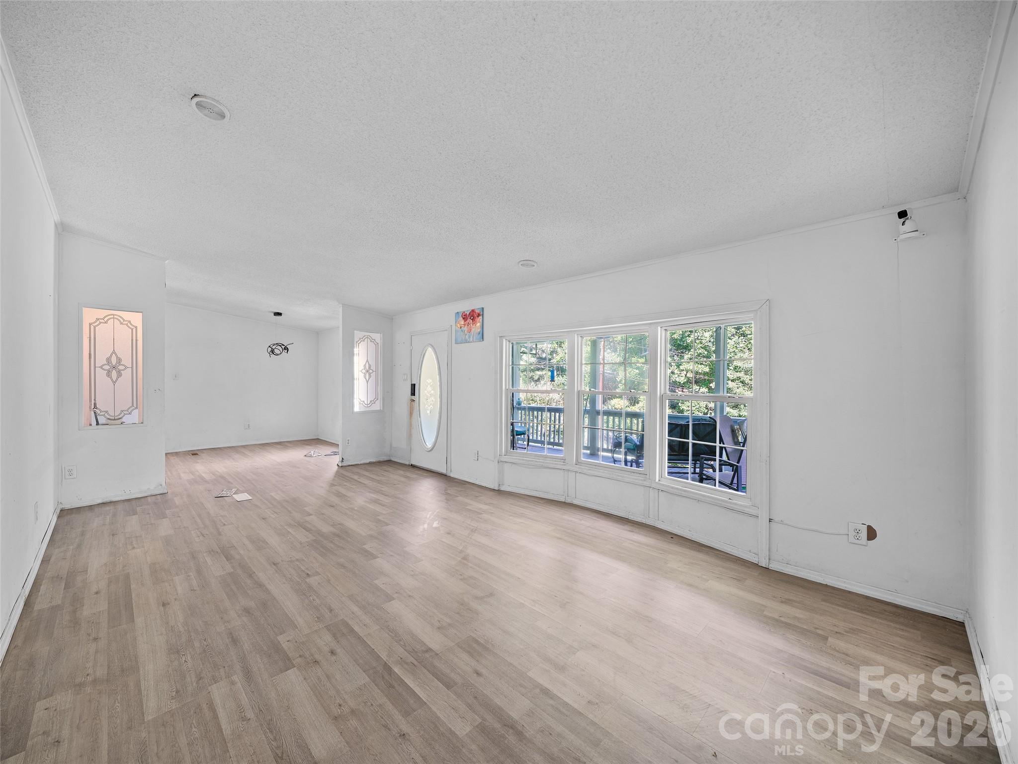 Empty living room with light wood-look floors, three large windows, and an oval-glass front door.