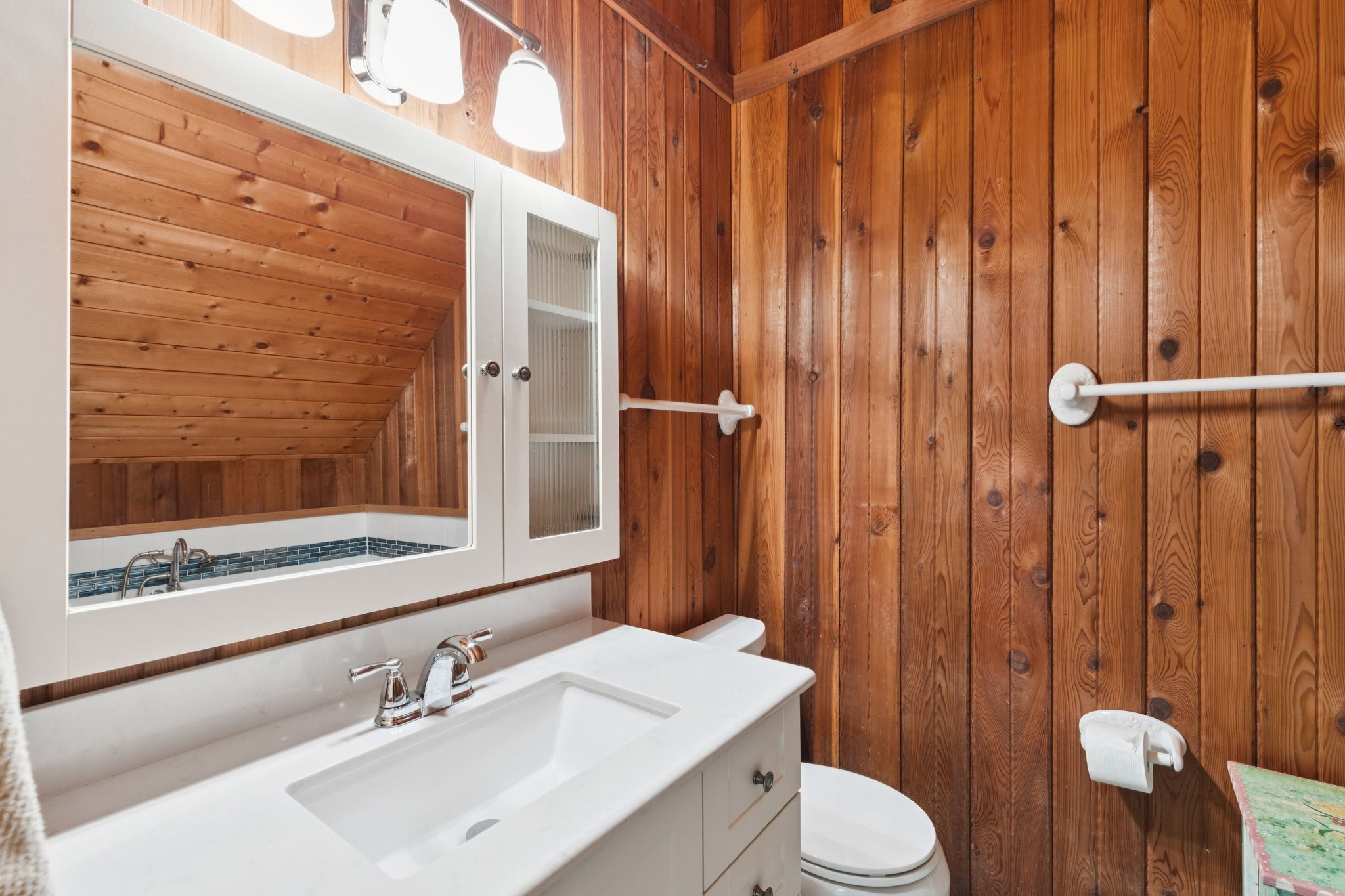 Bathroom with wood-paneled walls, a white vanity, mirrored medicine cabinet, and grab bars.