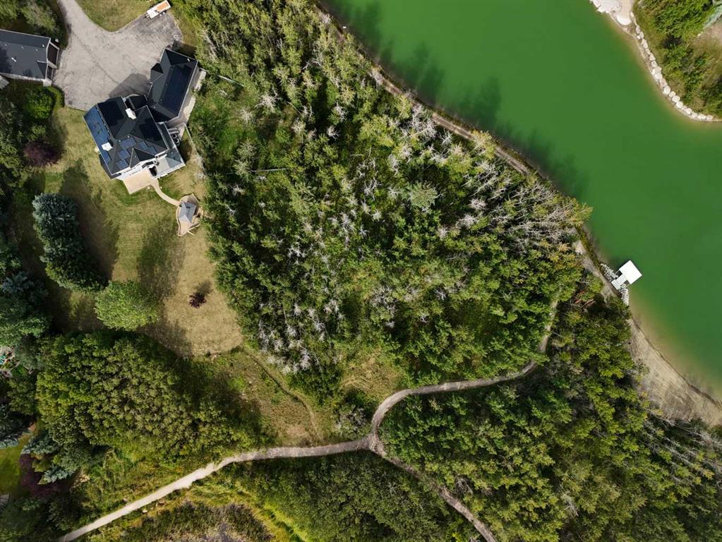 Aerial view of a wooded property beside a pond, with a large house, winding paths, and a small dock.