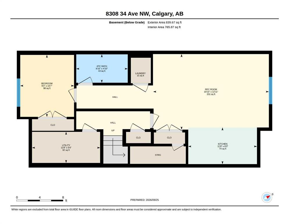 Basement floor plan with bedroom, bathroom, recreation room, kitchen, laundry, utility room, and storage.