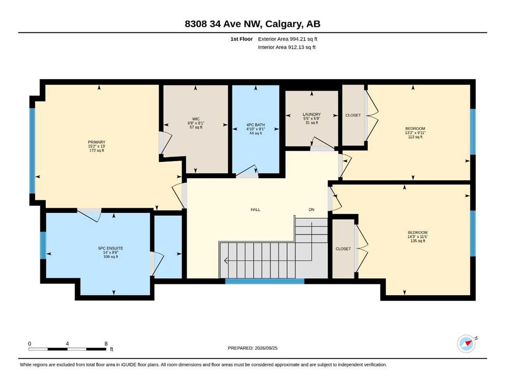 First-floor plan with a primary bedroom and ensuite, two bedrooms, laundry, bathroom, and central stair hall.