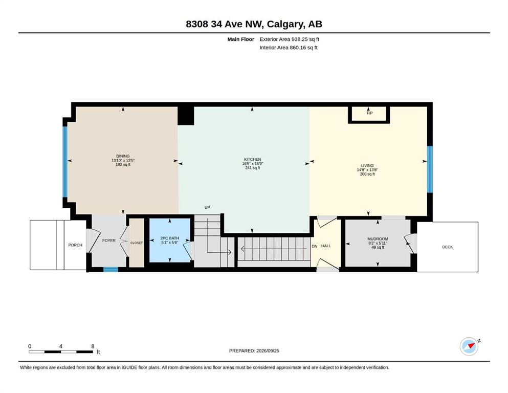 Main-floor plan showing the dining room, kitchen, living room, two-piece bath, mudroom, porch, and deck.