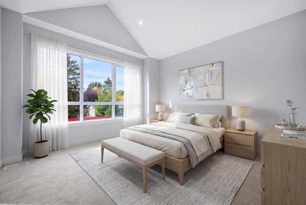 Staged bedroom with a large curtained window, wood furnishings, and an angled vaulted ceiling.