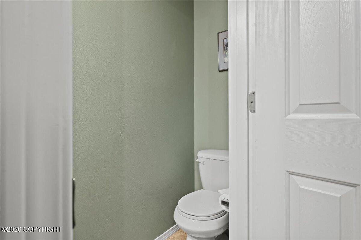 Small bathroom with a white toilet, sage-green wall, and partially open paneled door.