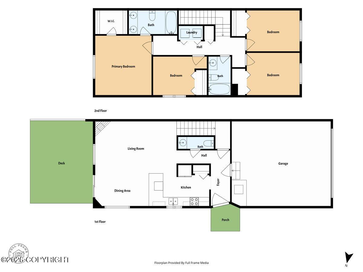 Two-story floor plan with four bedrooms, garage, deck, and porch.