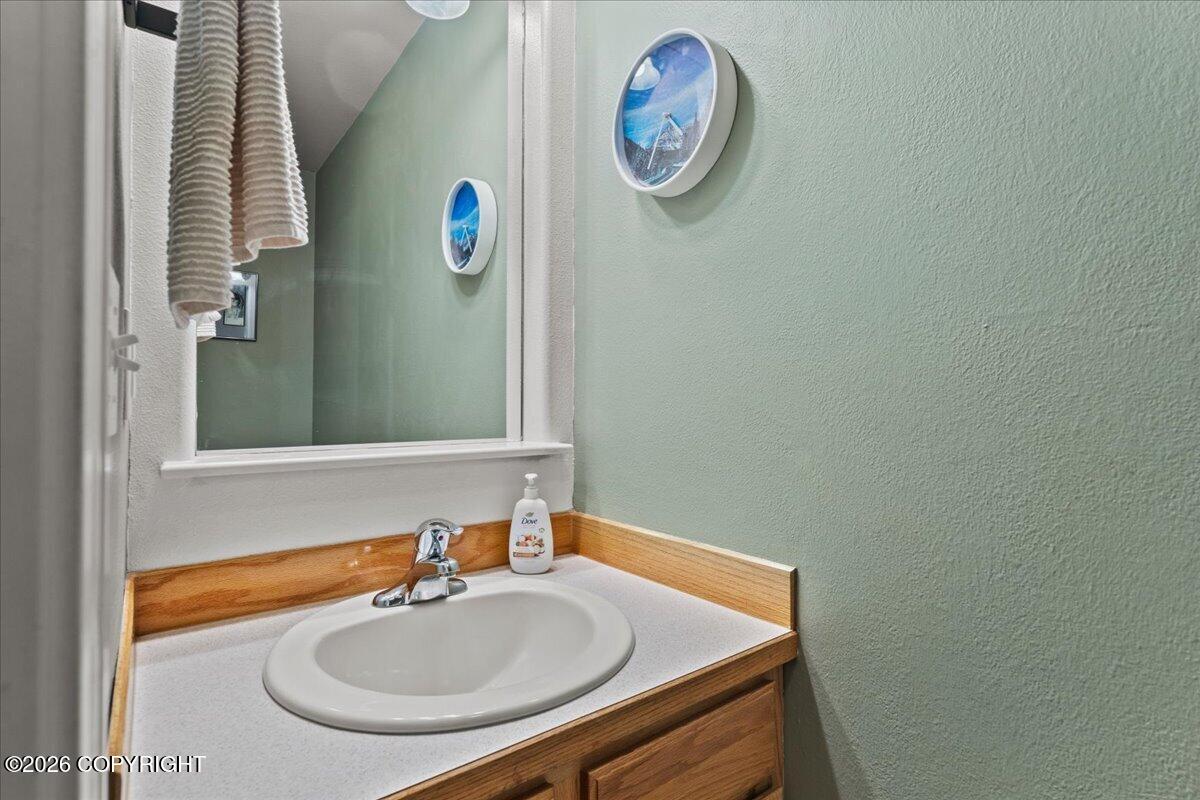 Bathroom vanity with a white oval sink, wood trim, and a mirror on pale green walls.