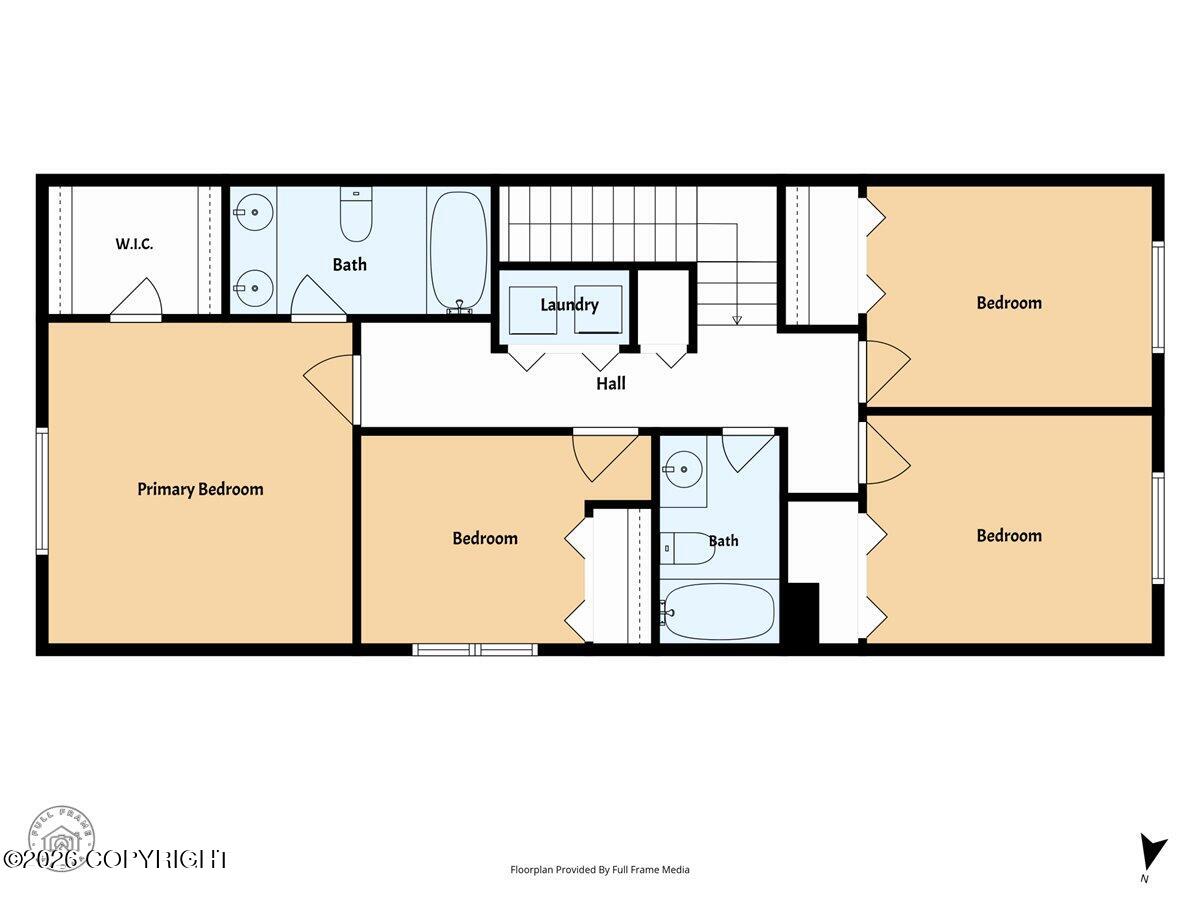 Floor plan with four bedrooms, two bathrooms, laundry, and a walk-in closet.