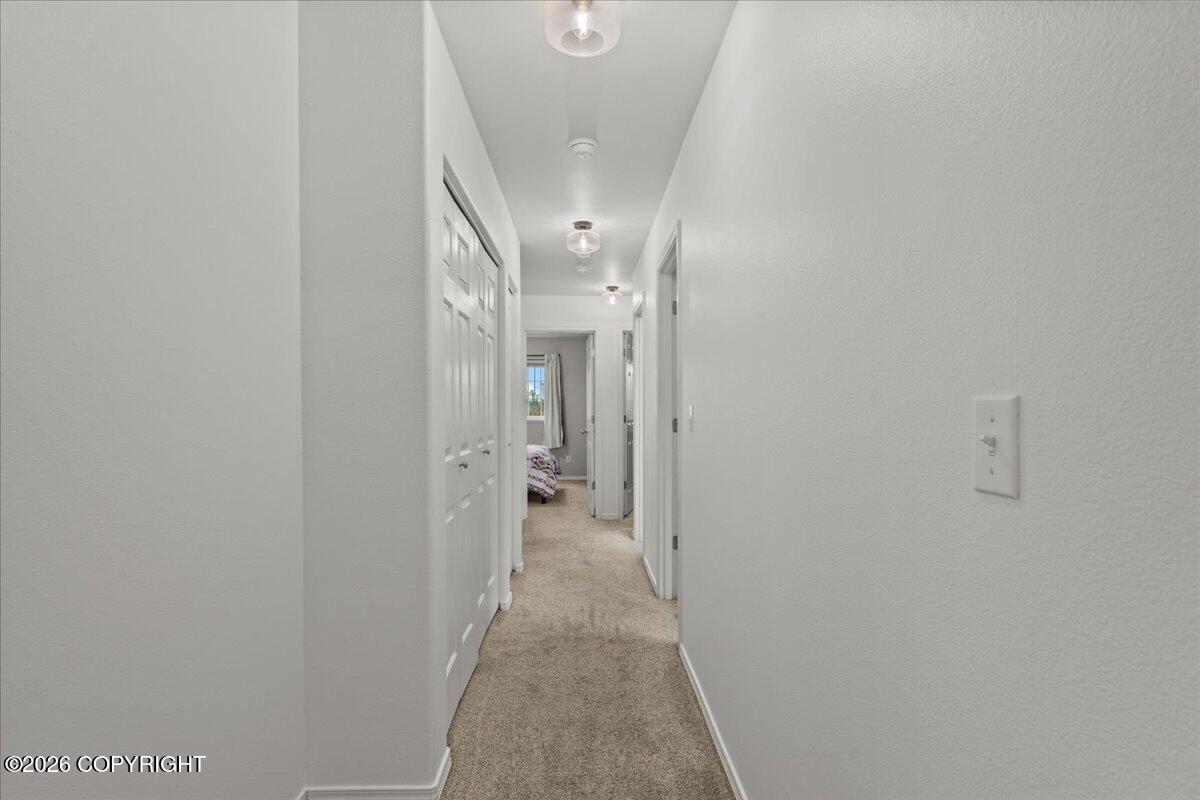 Carpeted hallway with white closet doors and a bedroom visible at the far end.