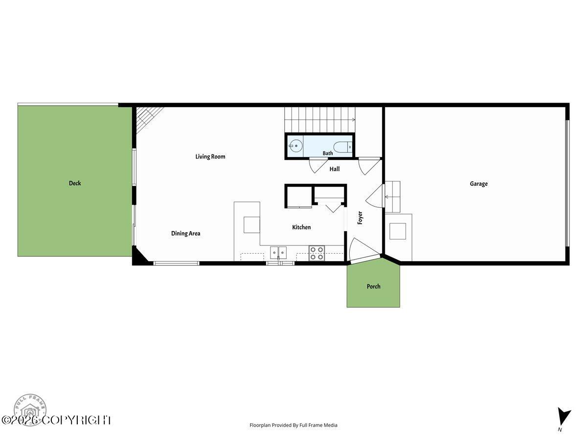 Floor plan showing the living room, dining area, kitchen, bath, garage, deck, and porch.