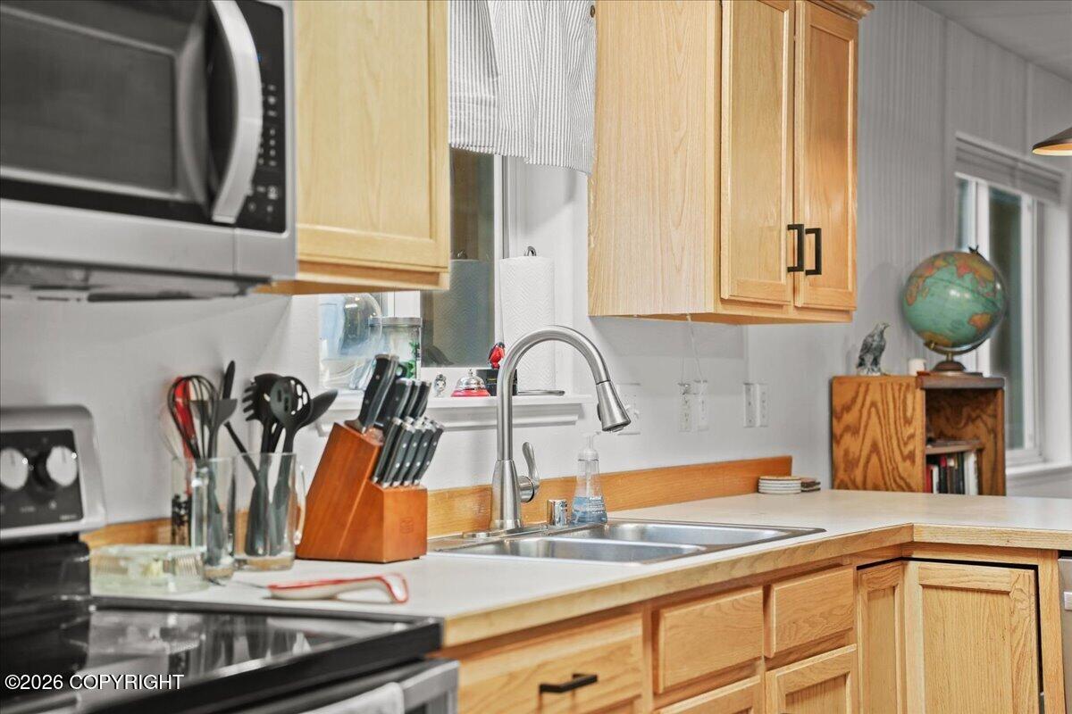 Kitchen with light wood cabinets, a double-basin sink, stainless appliances, and a globe beside the window.