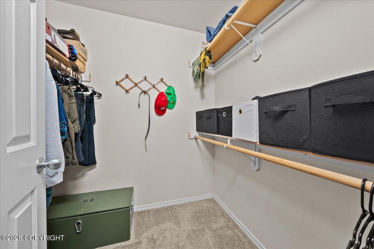 Walk-in closet with hanging clothes, storage bins, and a green storage chest.