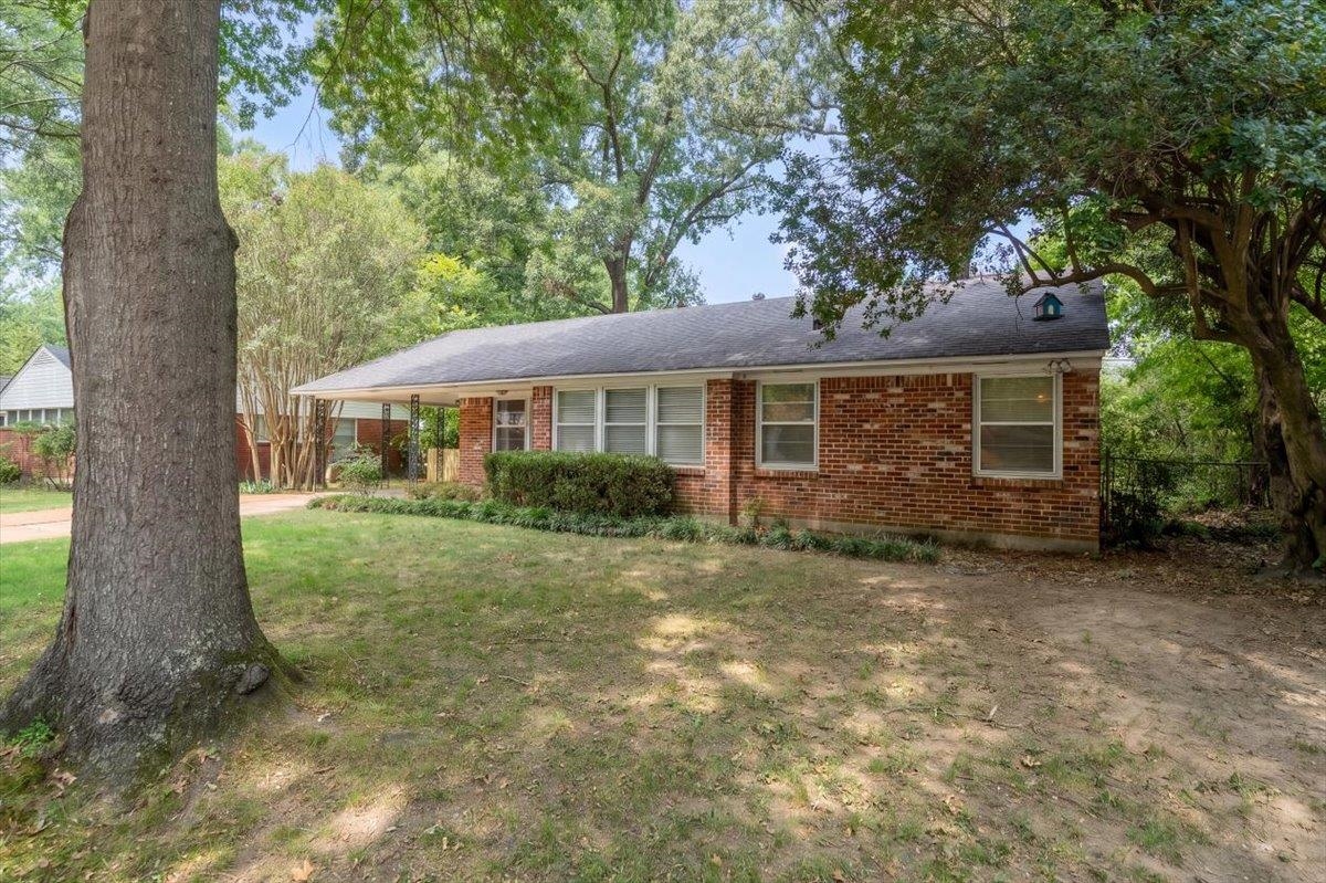 Single-story brick house beneath mature trees, with a broad lawn and shrubs along the front.