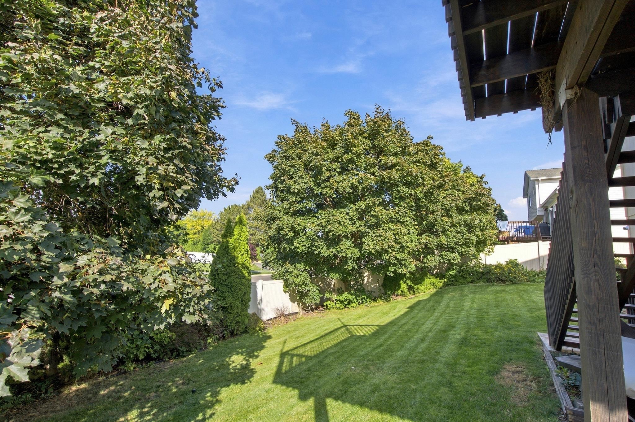 Backyard lawn shaded by mature trees, with a white fence and wooden deck stairs.