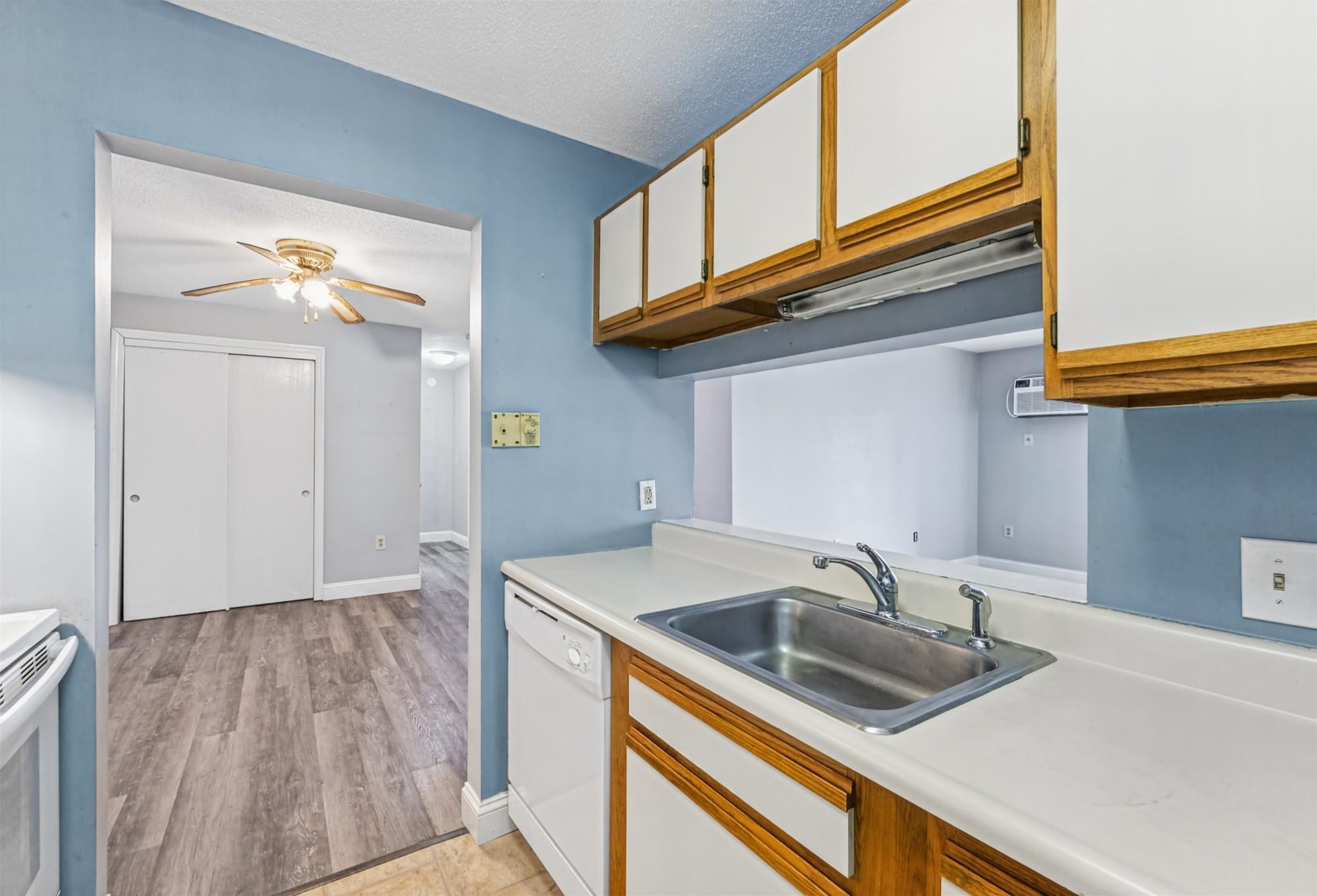 Kitchen with a double sink, wood-trimmed cabinets, blue walls, and a doorway to a room with a ceiling fan.