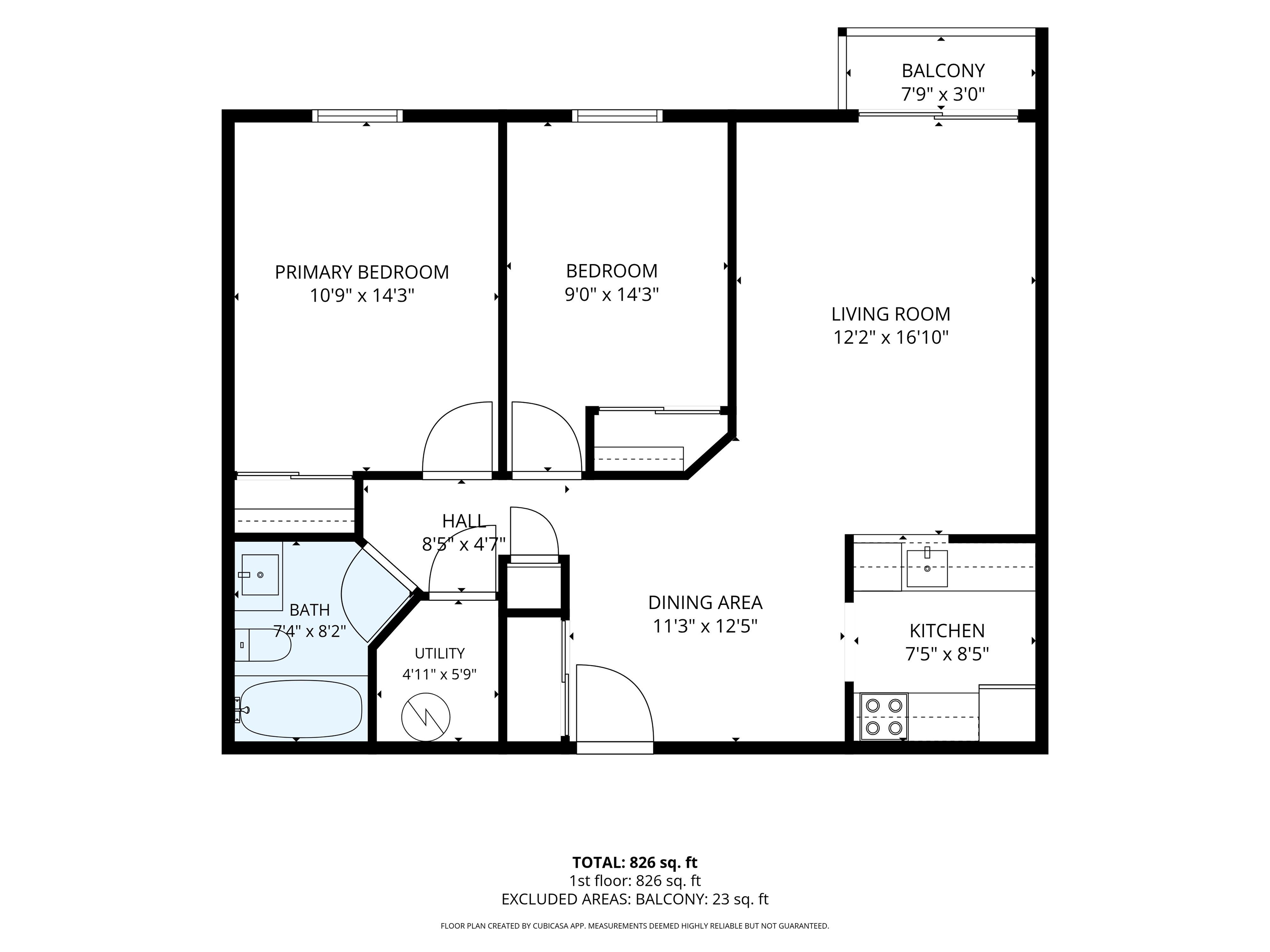 Floor plan showing two bedrooms, living and dining areas, kitchen, bathroom, utility area, hall, and balcony.