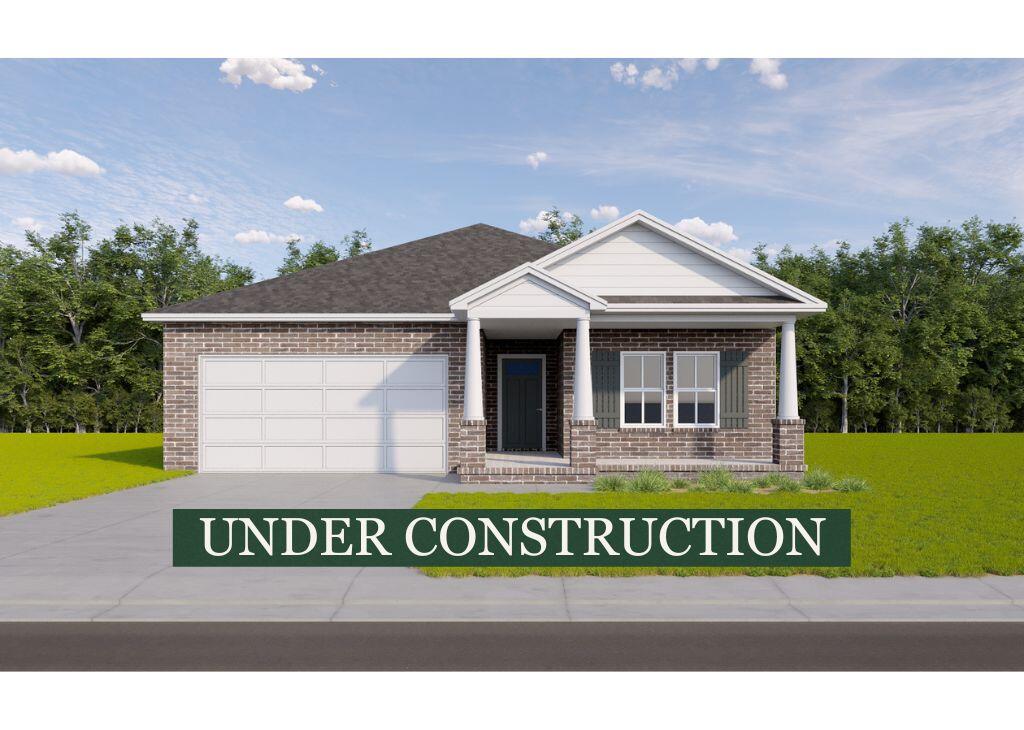 Single-story brick home with an attached garage and covered porch, labeled “UNDER CONSTRUCTION.”