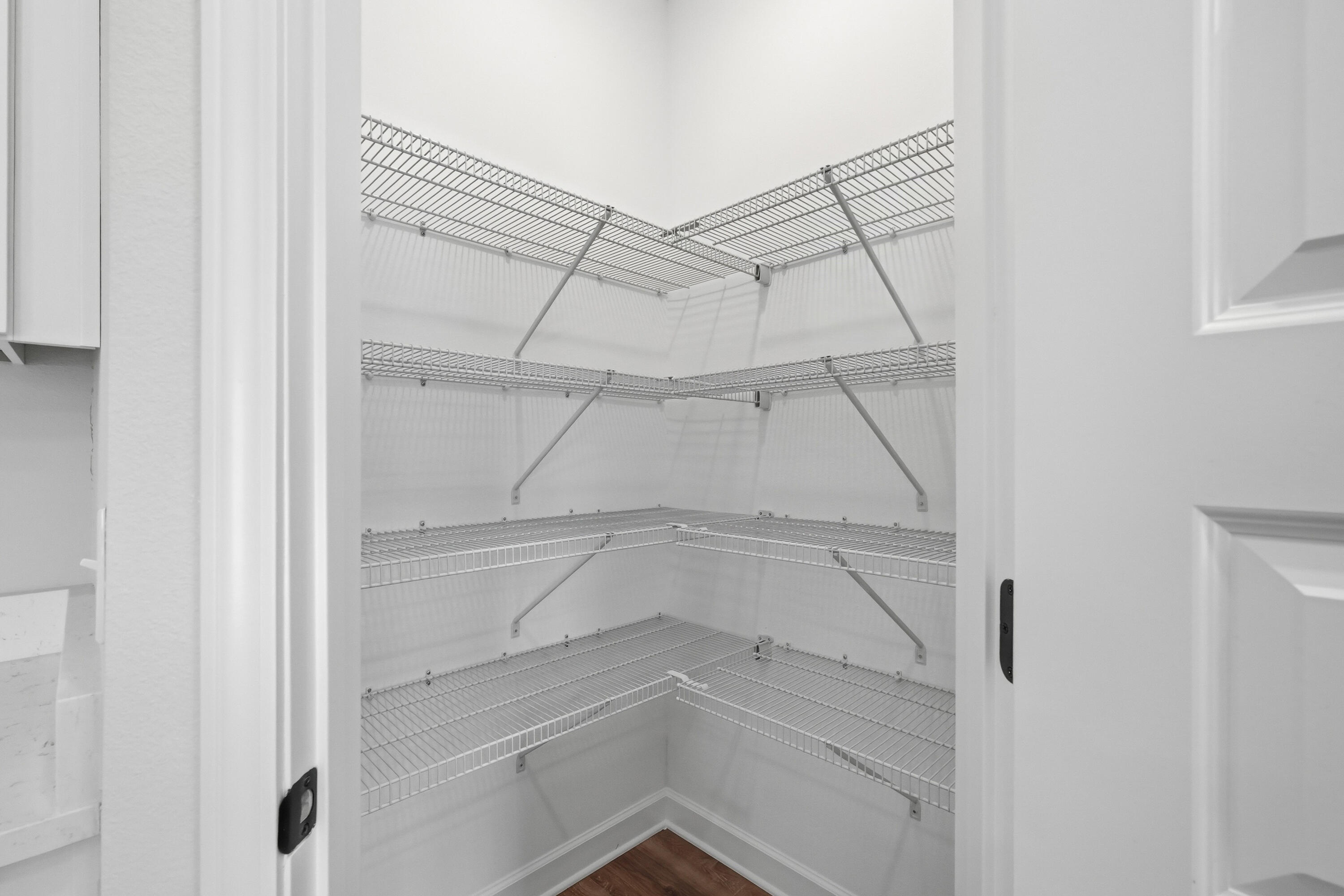 Walk-in pantry with empty wire shelves wrapping around the walls and wood flooring.