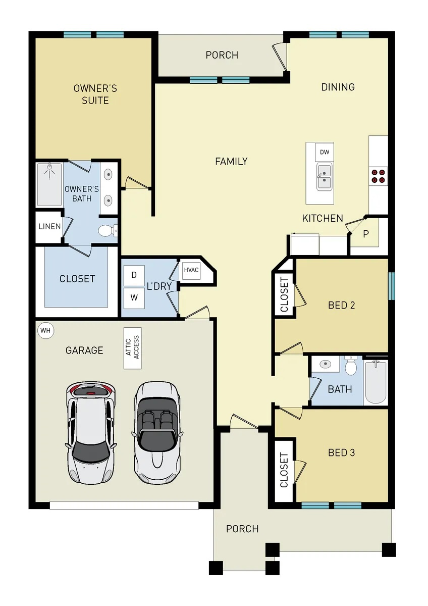Floor plan showing an owner’s suite, two additional bedrooms, two bathrooms, a central family room, and a two-car garage.