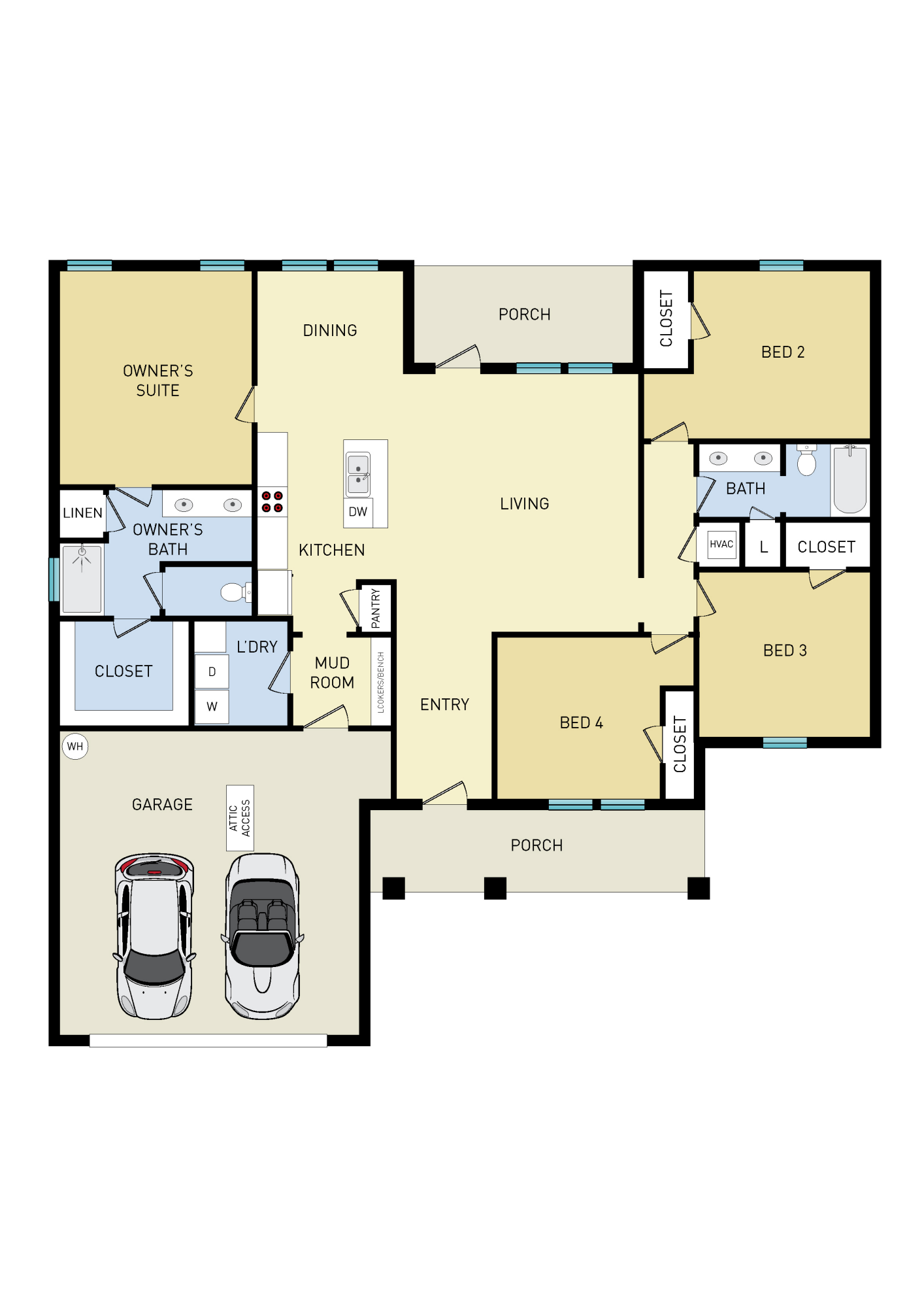 Four-bedroom home floor plan with an owner's suite, open living and kitchen area, two porches, and a two-car garage.