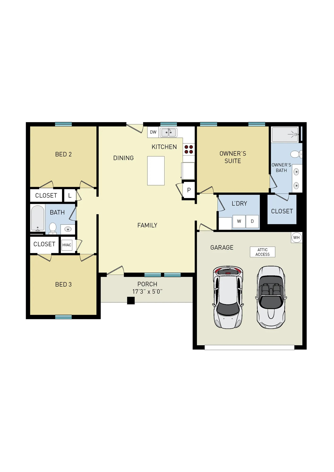 Floor plan showing three bedrooms, an open kitchen and family area, porch, and two-car garage.