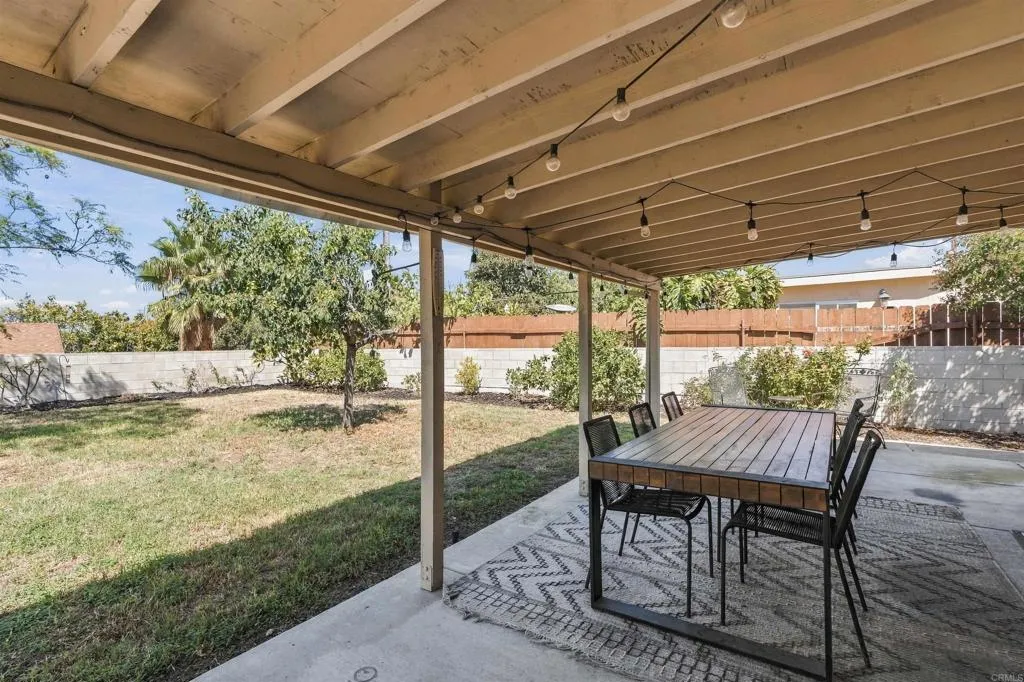 Covered backyard patio with string lights and an outdoor dining set overlooking a fenced lawn.