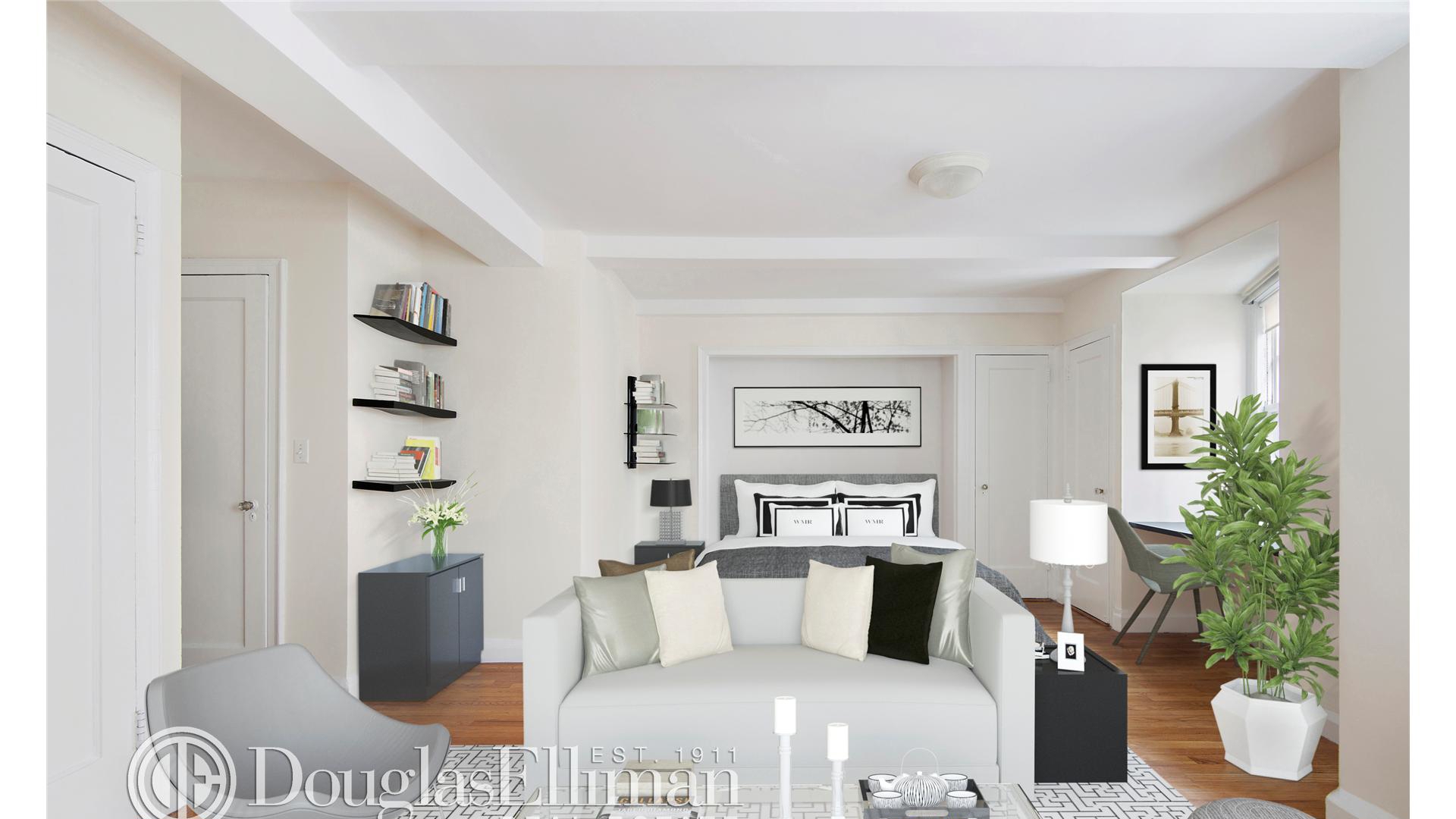 Staged bedroom with a recessed bed, white sofa, wall shelves, wood floors, and a large potted plant.