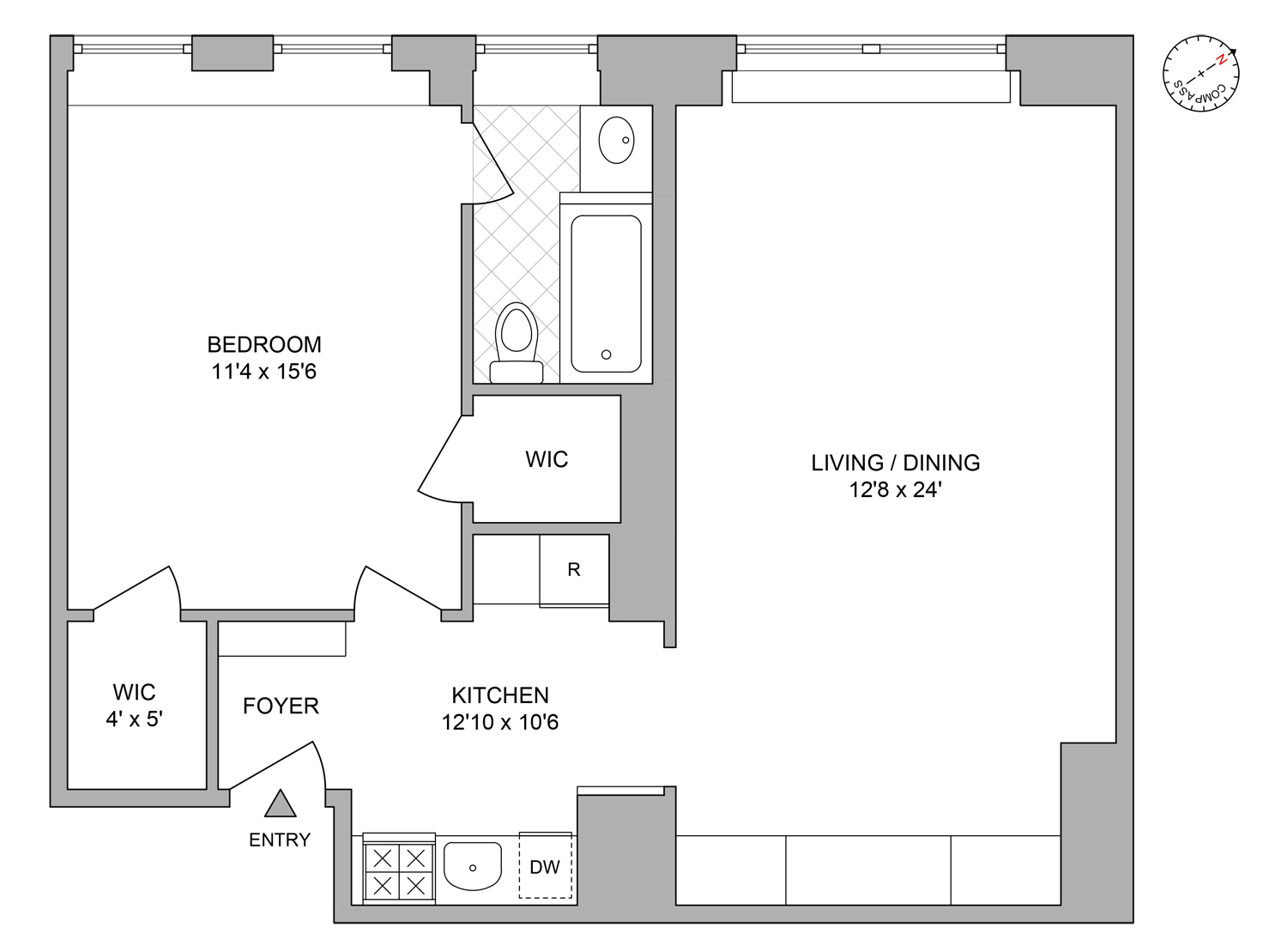 Floor plan of a one-bedroom apartment with a large living/dining room, kitchen, bathroom, and two walk-in closets.