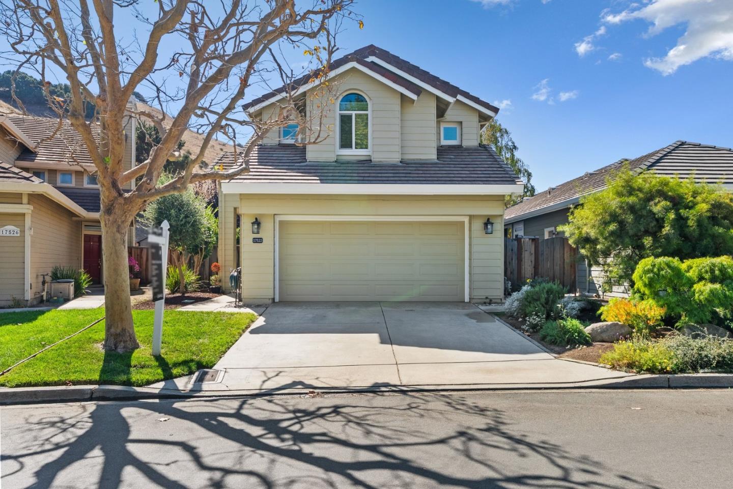 Two-story house with a wide double garage, concrete driveway, and landscaped front yard.