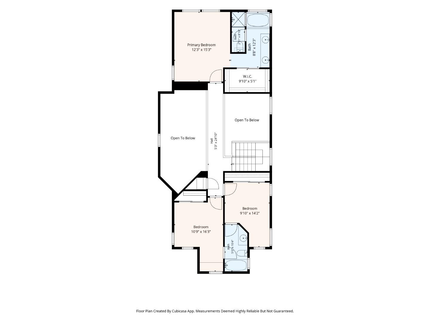 Upper-level floor plan with a primary suite, two bedrooms, bathrooms, and open-to-below areas.