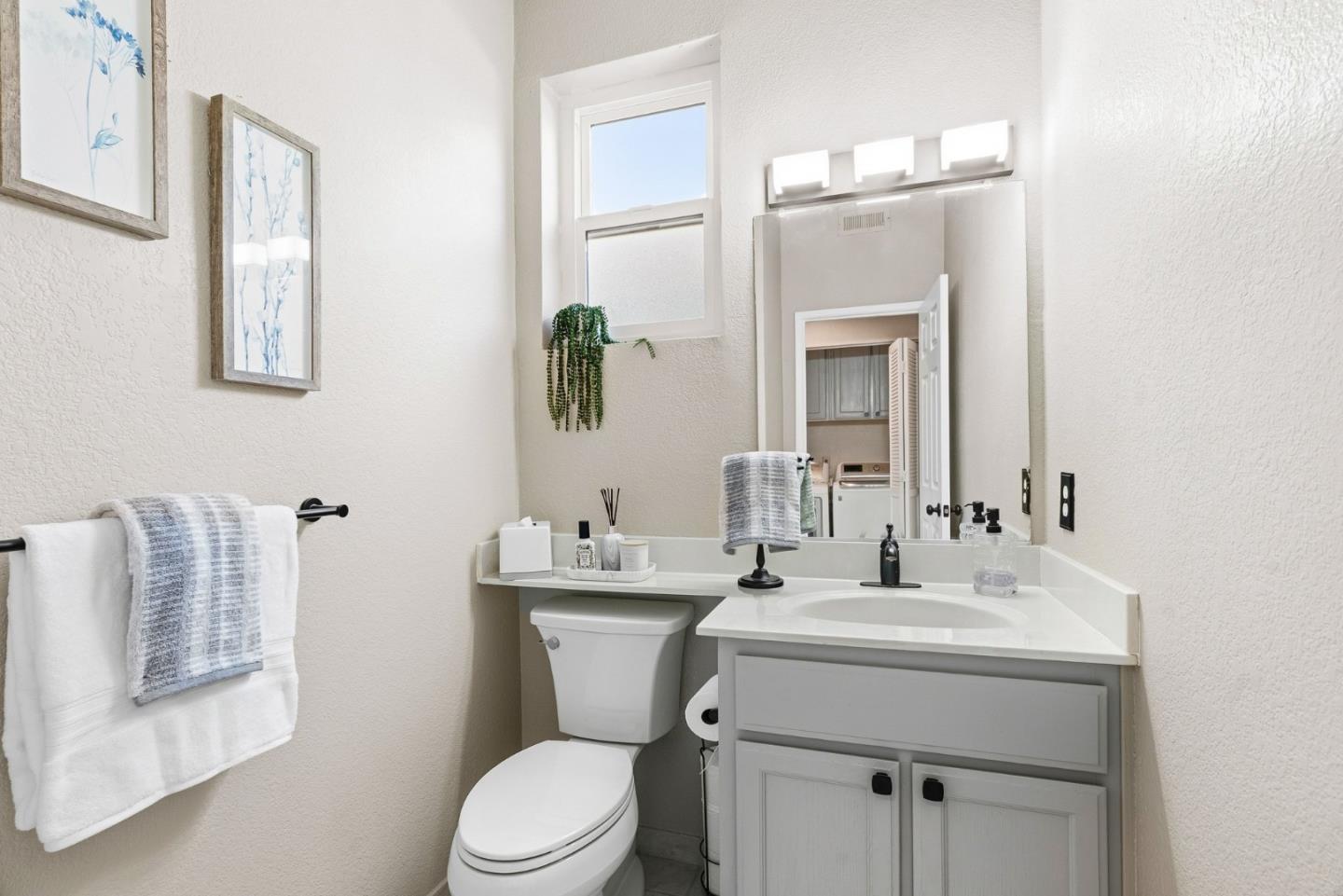 Bathroom with a gray vanity, large lit mirror, white toilet, and botanical prints.