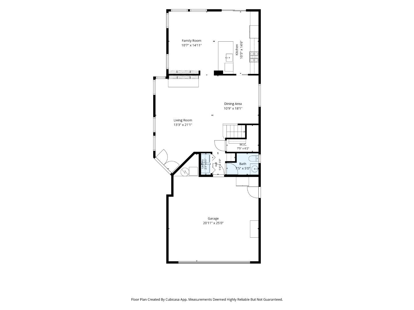Floor plan showing the family room, kitchen, living and dining areas, bathroom, and garage.