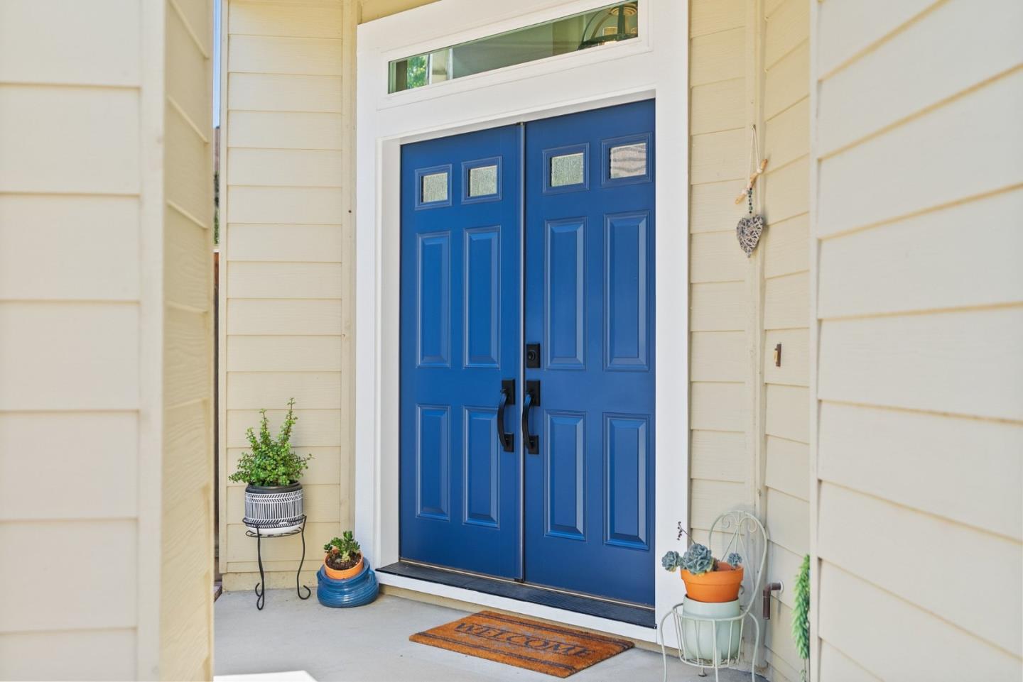 Blue double front doors with small windows, potted plants, and a welcome mat.