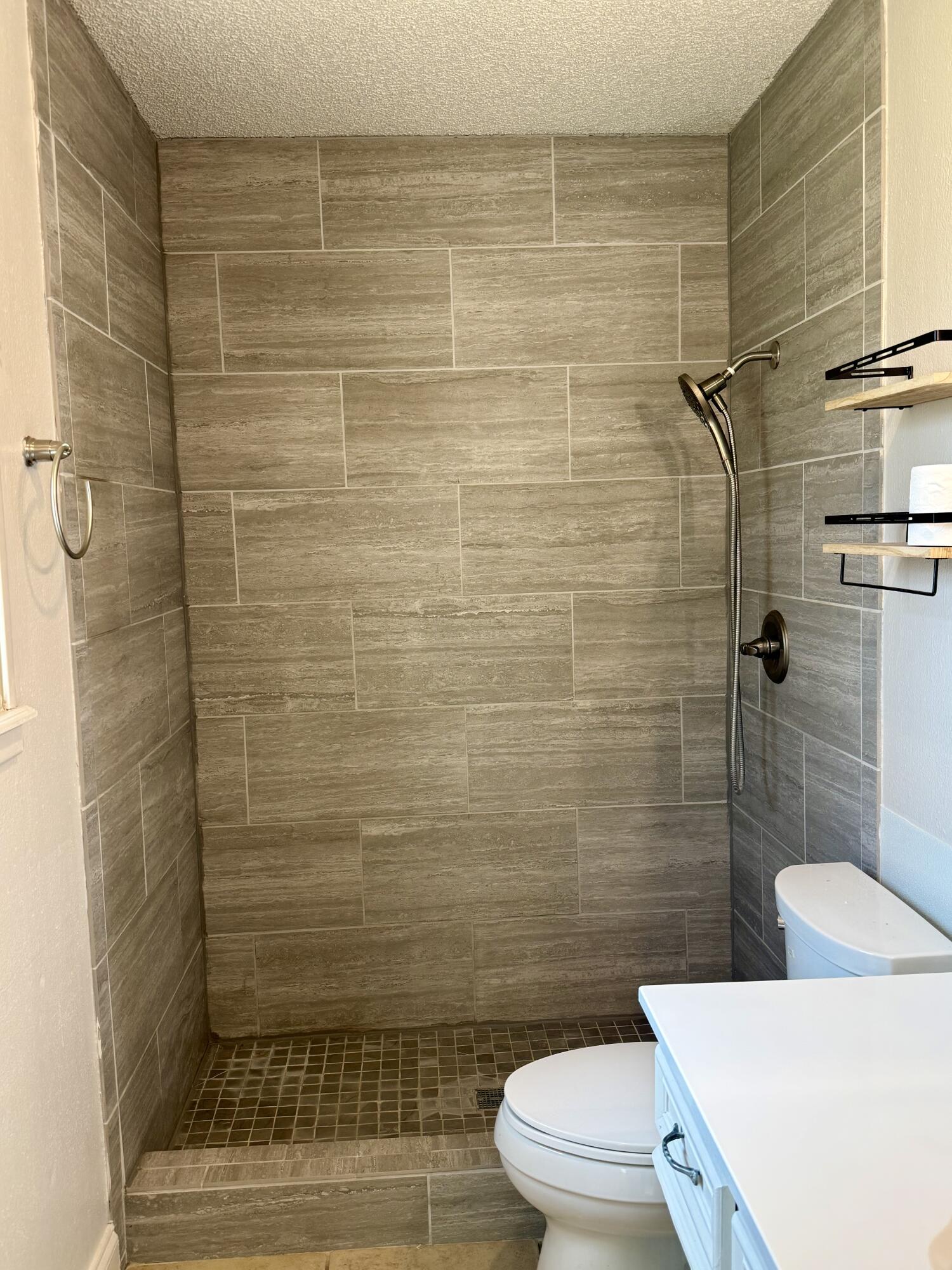 Bathroom with a gray-brown tiled walk-in shower and handheld showerhead beside the toilet and vanity.