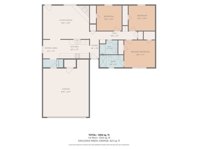 Floor plan showing three bedrooms, two bathrooms, living and dining areas, kitchen, and attached garage.
