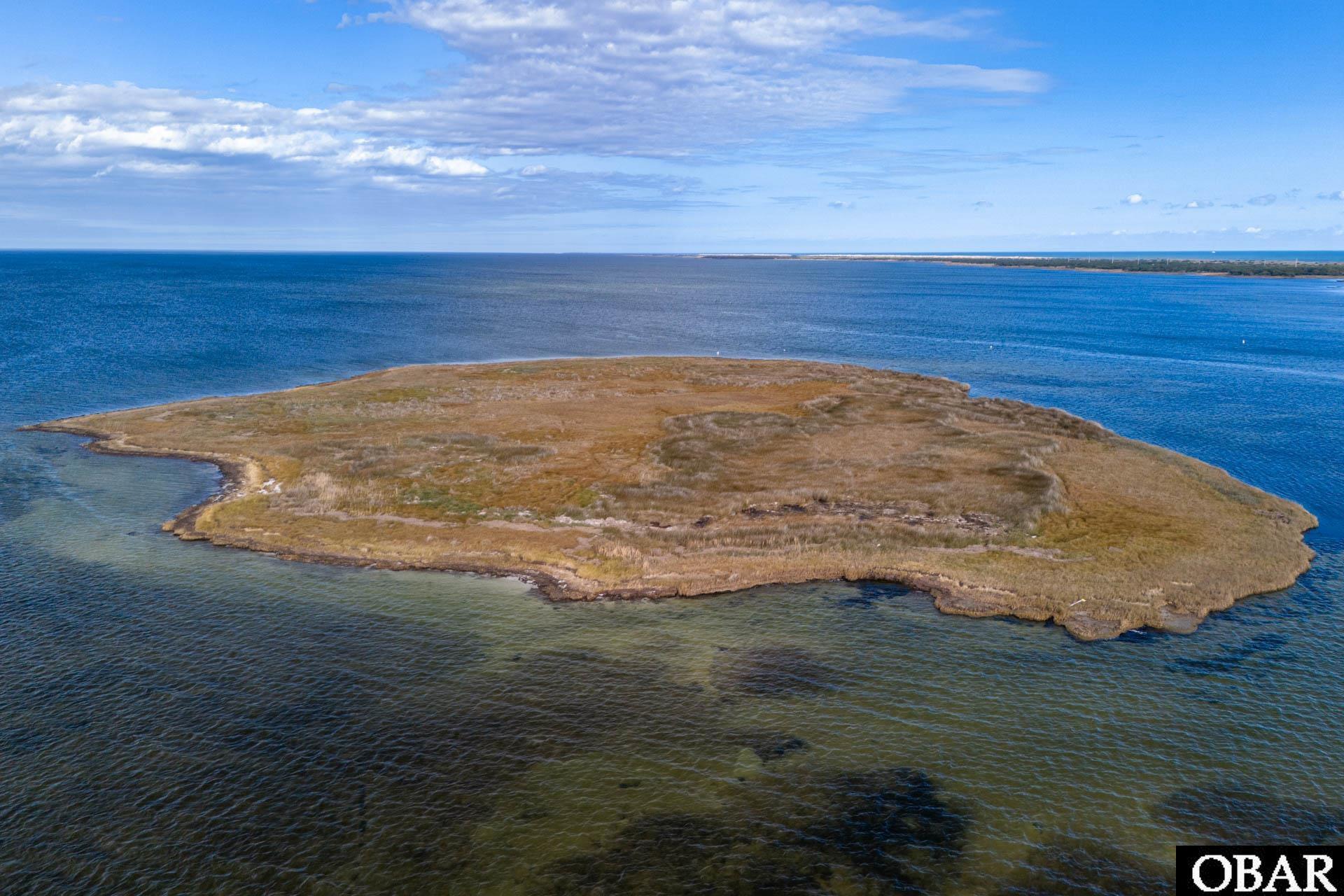 Marsh-covered island lot surrounded by coastal water, viewed from above.