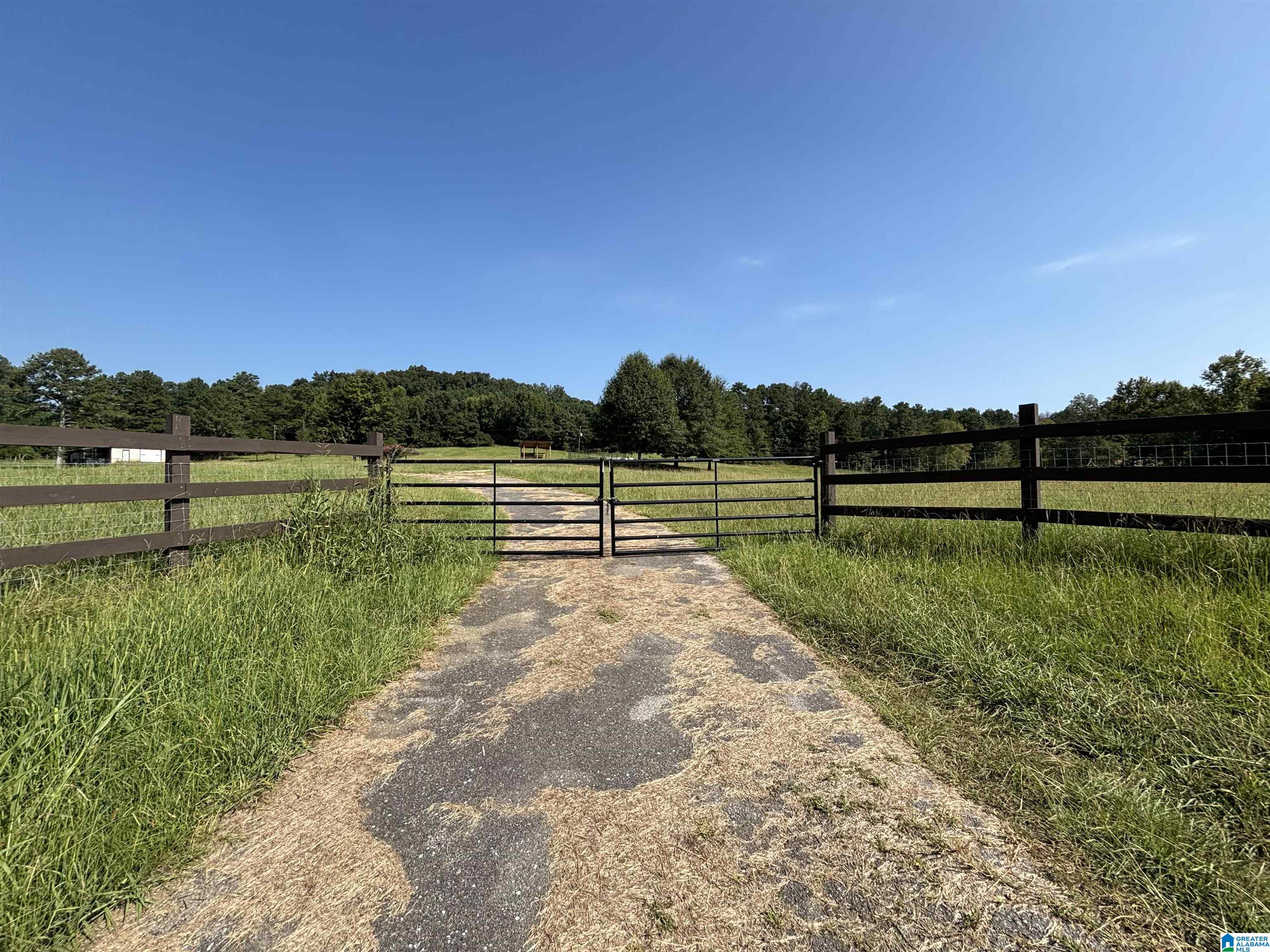 Gated paved entrance to a grassy property, bordered by dark wooden fences and trees.