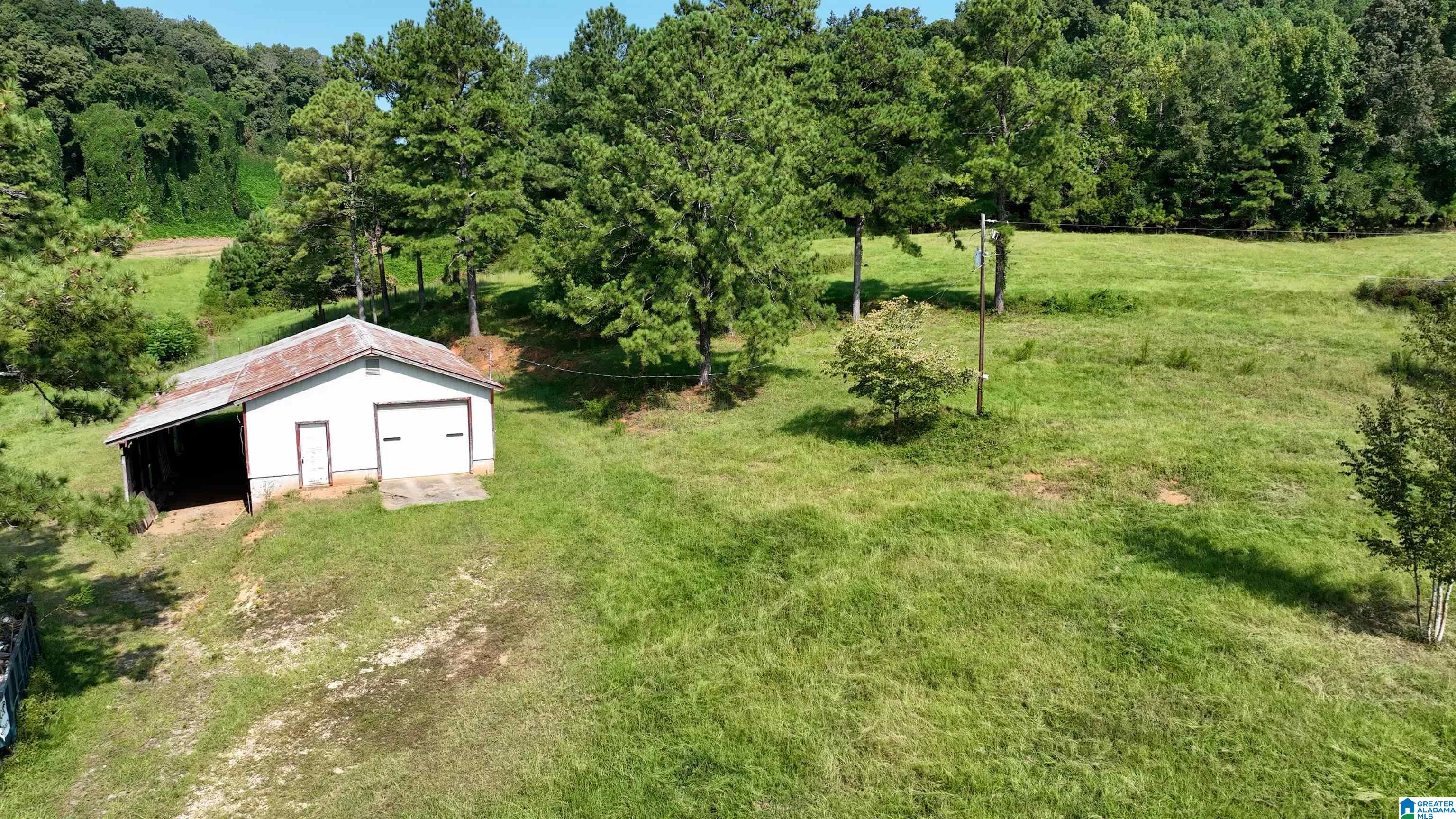 Aerial view of a grassy property with a white outbuilding, garage door, and surrounding pine trees.