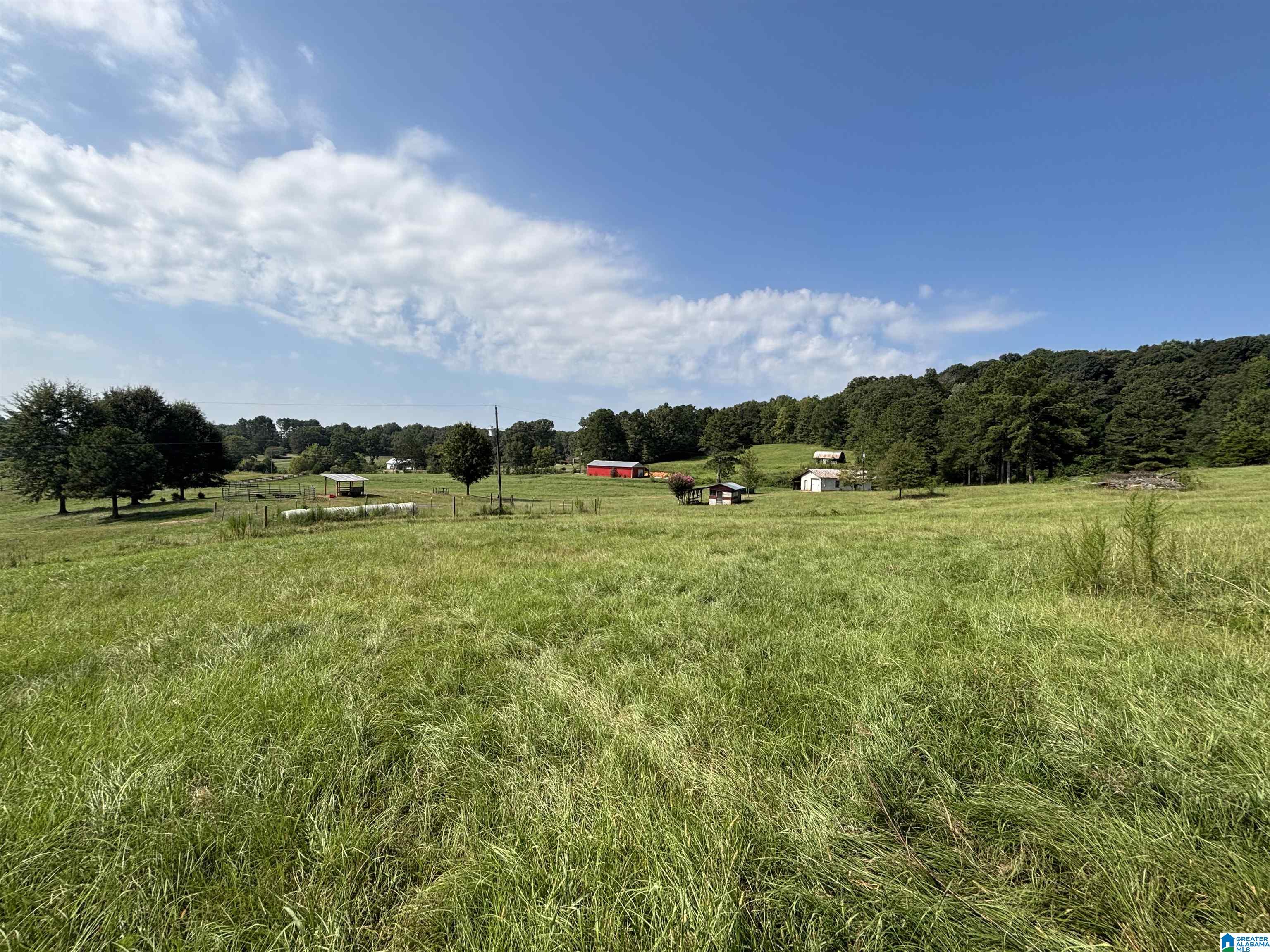 Grassy rural pasture with fenced fields, small barns, and wooded hills in the distance.