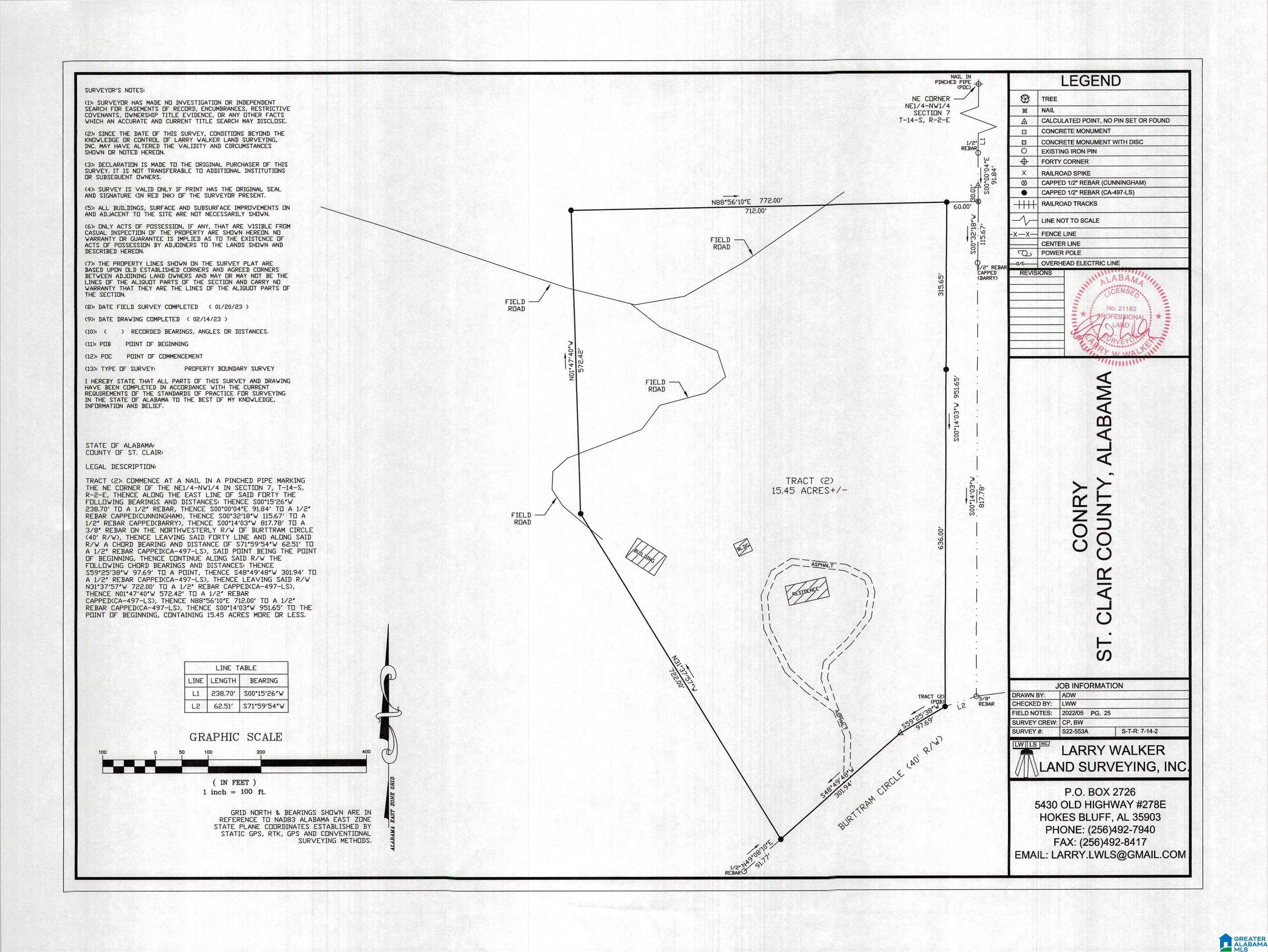 Boundary survey of a 15.45-acre tract showing a residence, building, field roads, and Burtram Circle.