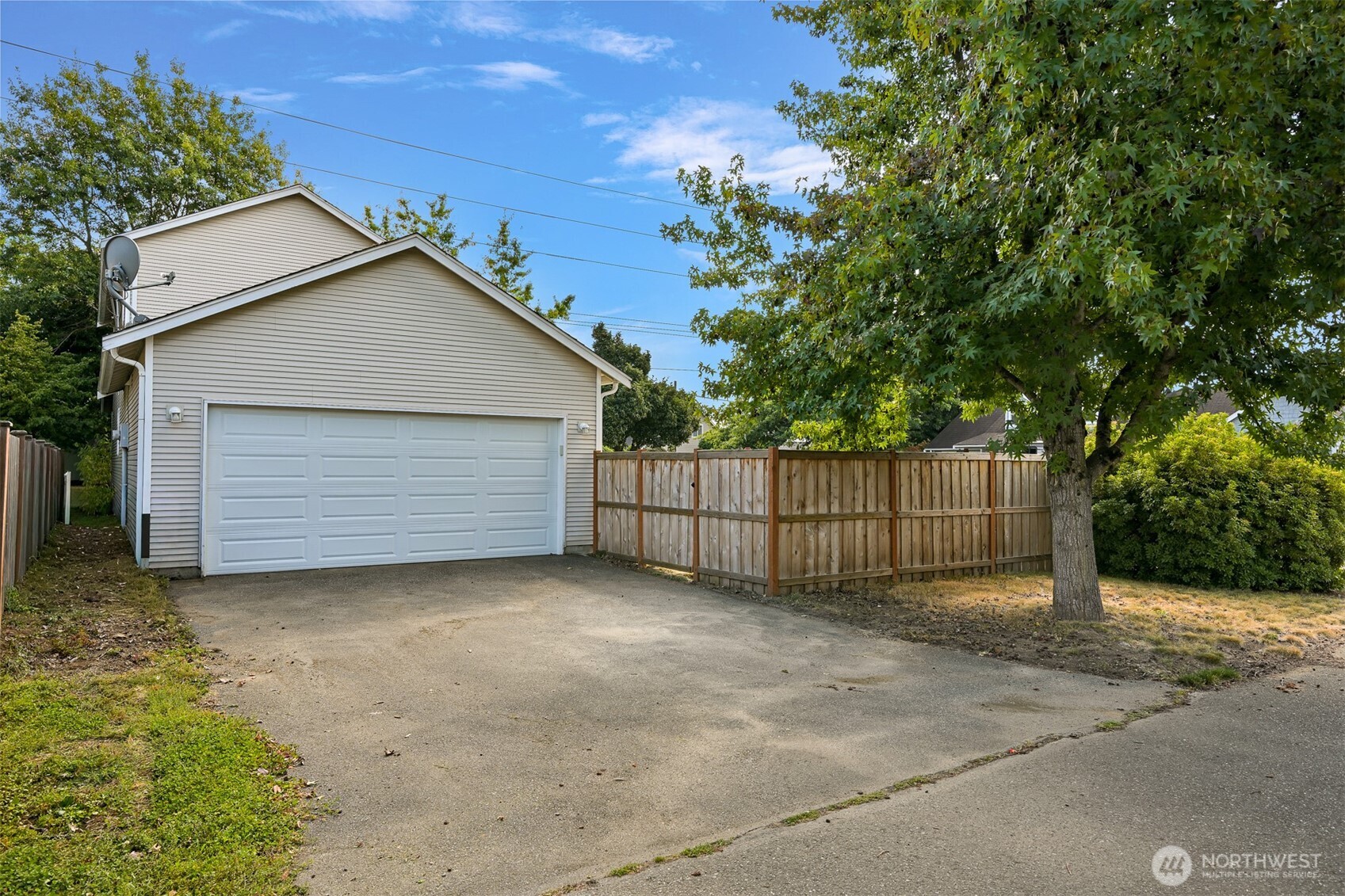 Detached beige garage with a wide concrete driveway, wooden privacy fence, and mature tree.