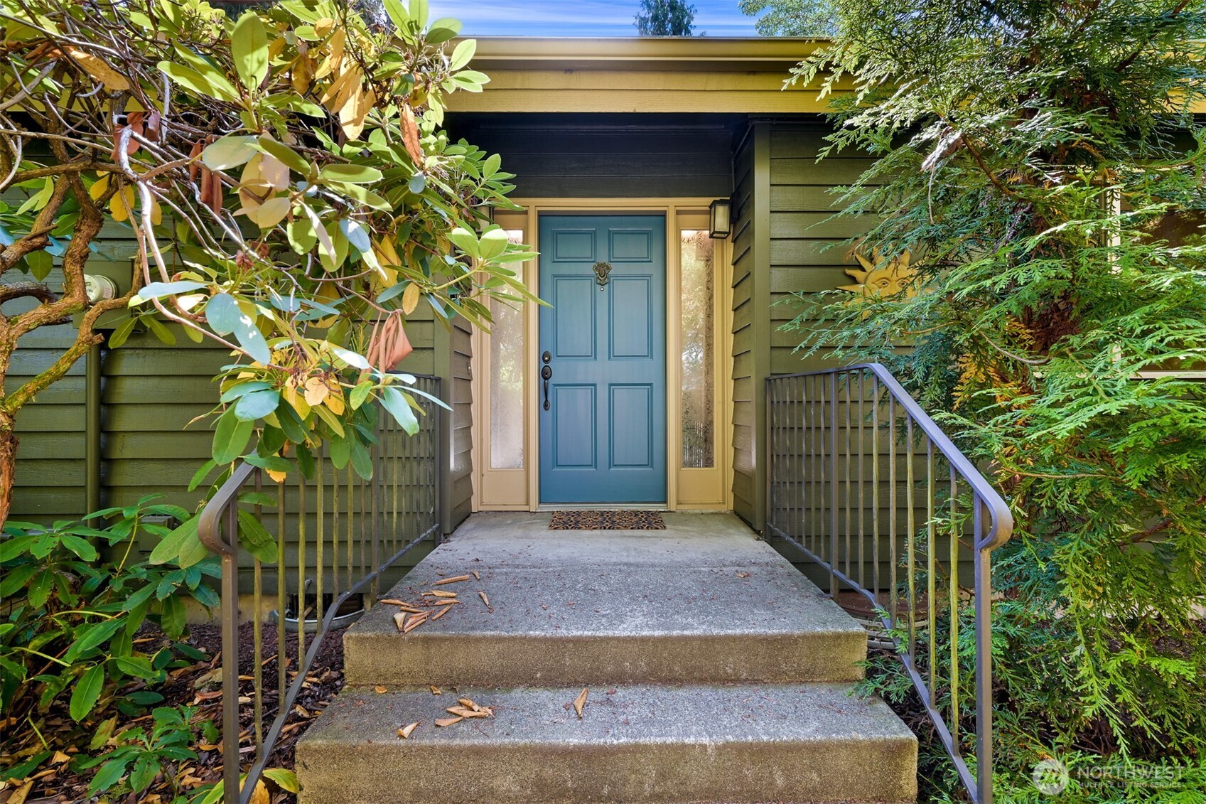 Home entrance with a blue front door, concrete steps, and leafy greenery.