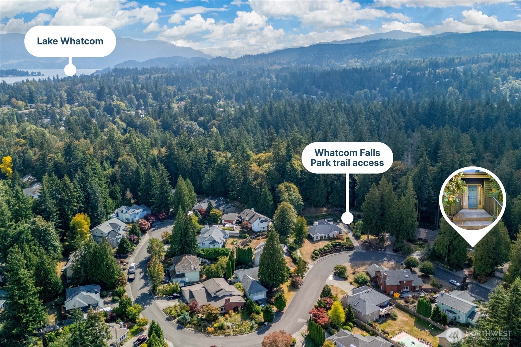 Aerial view of a wooded Bellingham neighborhood, with Lake Whatcom and nearby trail access marked.