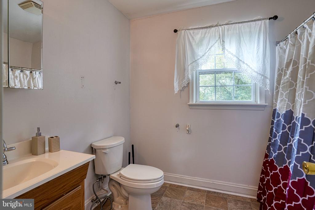 Bathroom with a wood-front vanity, white toilet, lace-curtained window, and patterned shower curtain.