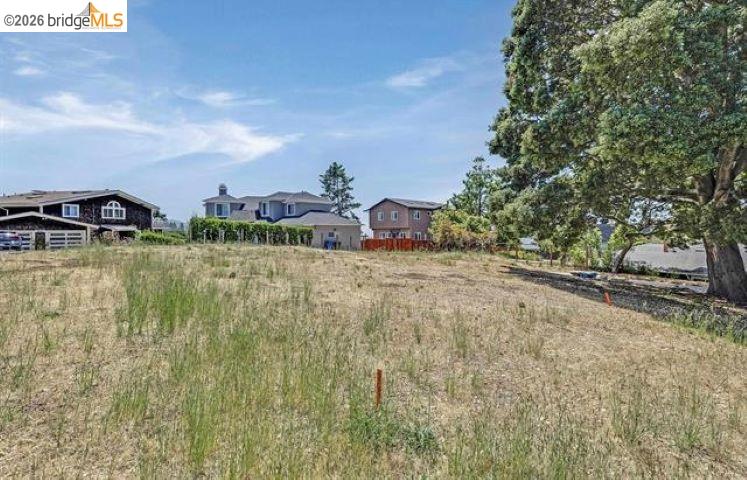 Vacant grassy lot with neighboring homes and a large tree along the right edge.
