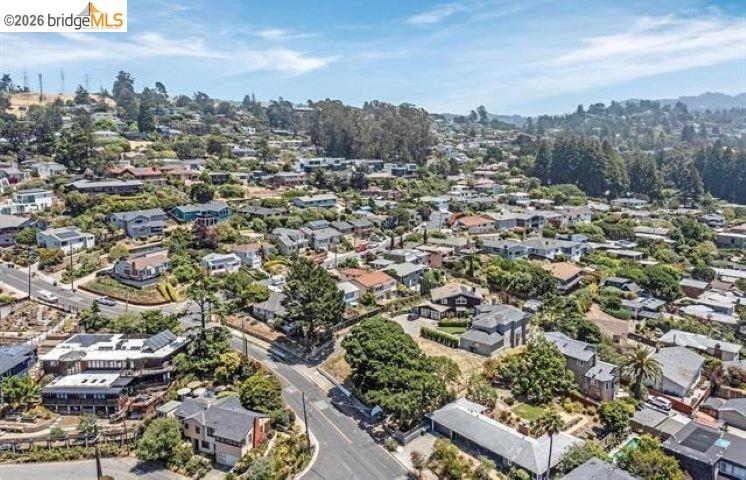 Aerial view of homes and winding streets among trees on the hills of El Cerrito.