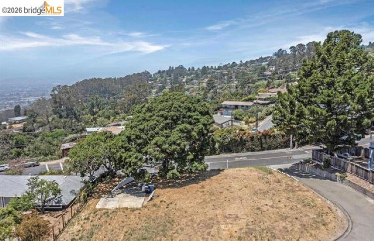 Vacant hillside lot overlooking a tree-covered neighborhood and homes.