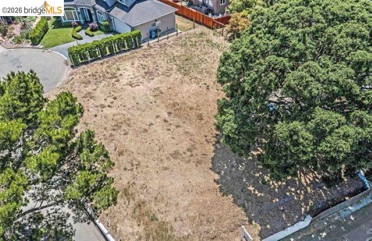 Aerial view of a dry vacant lot bordered by mature trees and neighboring homes.
