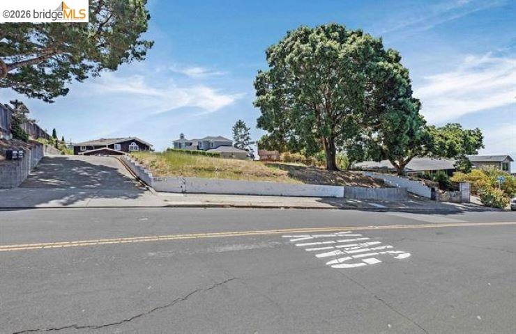 Sloped residential lot with mature trees, retaining walls, and a driveway beside the street.