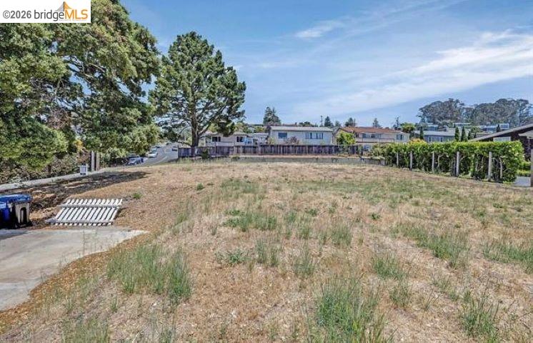 Vacant lot with dry grass, mature trees, and neighboring homes behind a fence.