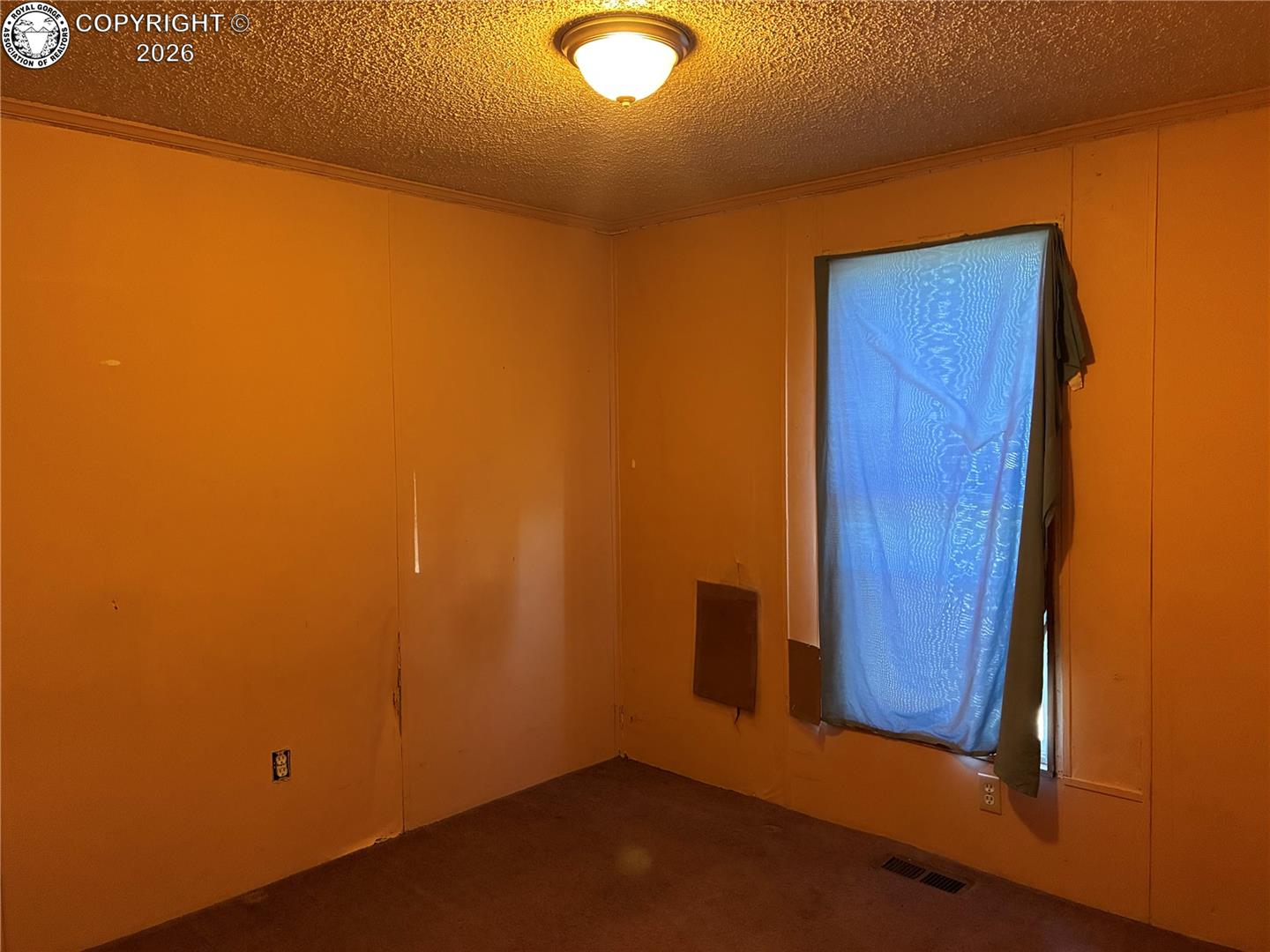 Empty room with orange-toned walls, brown carpet, and a window covered by a blue curtain.